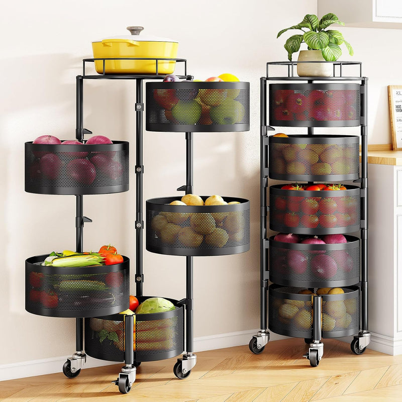 Multi Tier Rotating Kitchen Storage Cart with Wheels, Large Capacity Fruit Vegetable Basket, Black