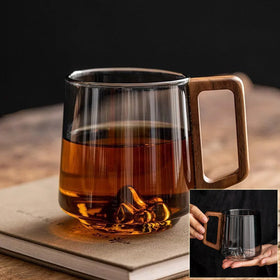 Guanshan Glass Single-layer Side Wooden Handle Drinking Cups Household Large-capacity Milk Tea Juice Single-layer Cup Kitchen Gadgets