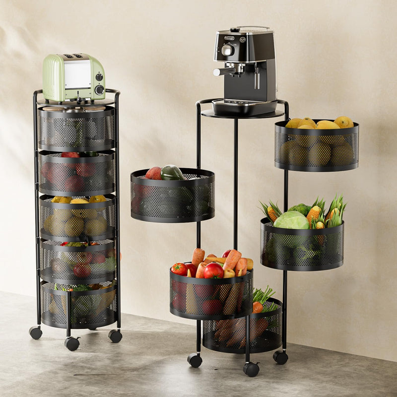 Multi Tier Rotating Kitchen Storage Cart with Wheels, Large Capacity Fruit Vegetable Basket, Black