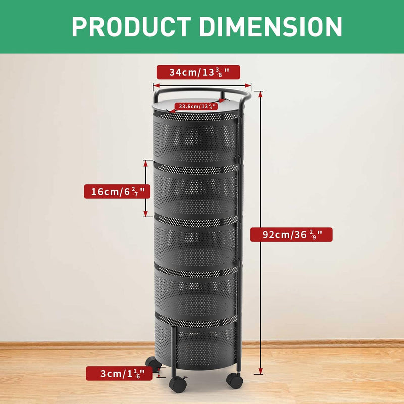 Multi Tier Rotating Kitchen Storage Cart with Wheels, Large Capacity Fruit Vegetable Basket, Black