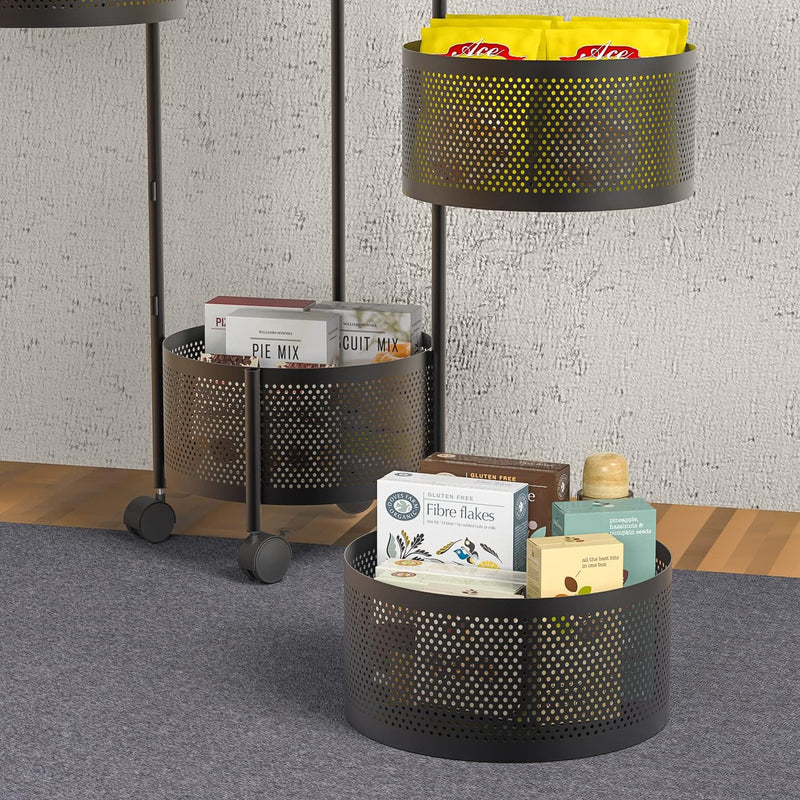 Multi Tier Rotating Kitchen Storage Cart with Wheels, Large Capacity Fruit Vegetable Basket, Black
