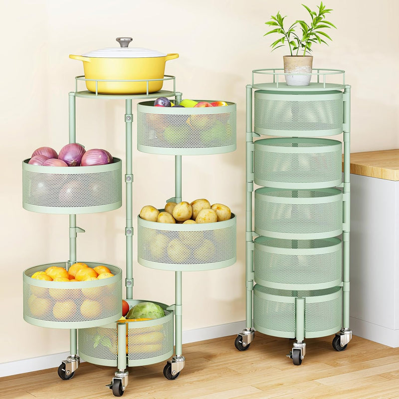 Multi Tier Rotating Kitchen Storage Cart with Wheels, Large Capacity Fruit Vegetable Basket, Black