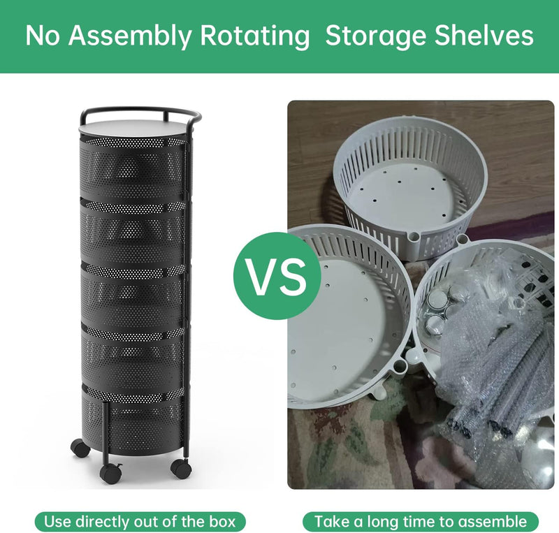Multi Tier Rotating Kitchen Storage Cart with Wheels, Large Capacity Fruit Vegetable Basket, Black