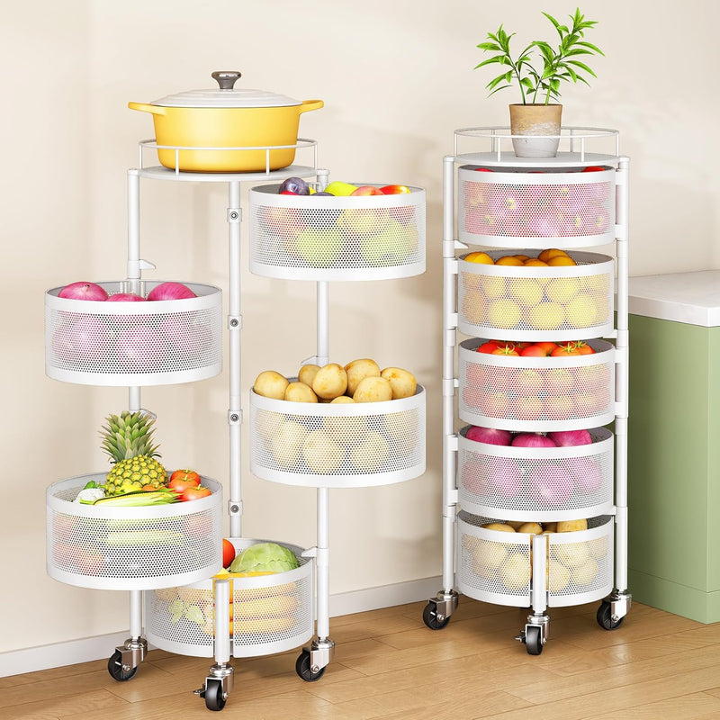 Multi Tier Rotating Kitchen Storage Cart with Wheels, Large Capacity Fruit Vegetable Basket, Black
