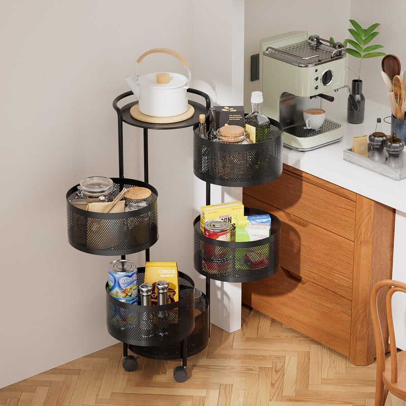 Multi Tier Rotating Kitchen Storage Cart with Wheels, Large Capacity Fruit Vegetable Basket, Black