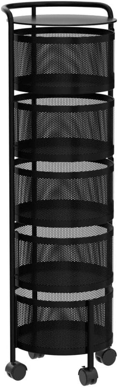 Multi Tier Rotating Kitchen Storage Cart with Wheels, Large Capacity Fruit Vegetable Basket, Black
